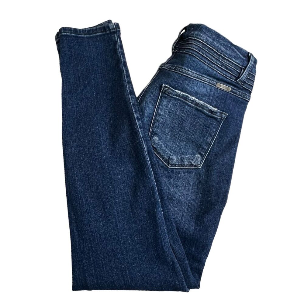 KanCan Womens Dark Wash High Rise Ribbed‎ Waistband Destroyed Knees Jeans 9/28